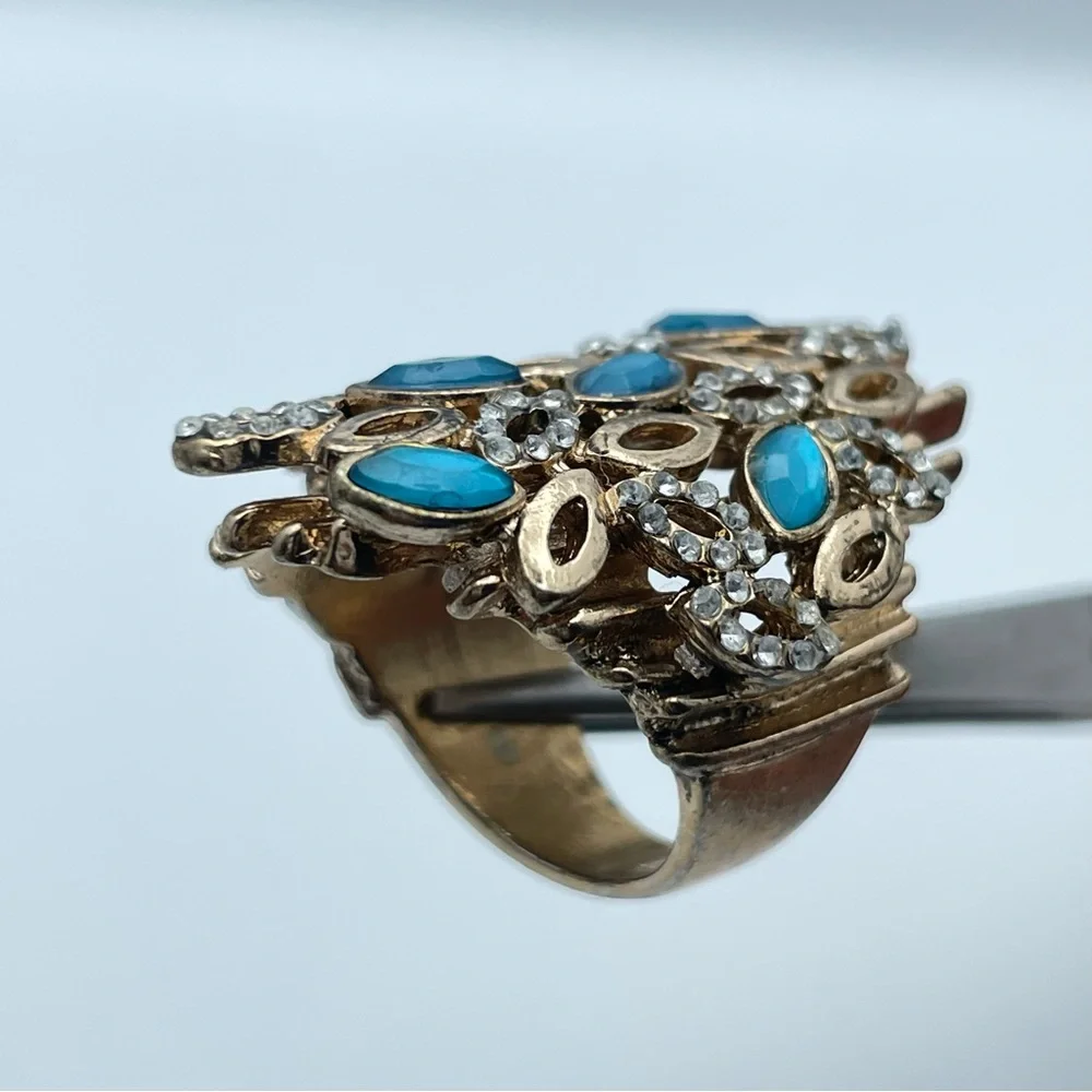 Vintage Gold-Tone Cocktail Ring with Blue Glass and Rhinestones Art Deco Sz 6